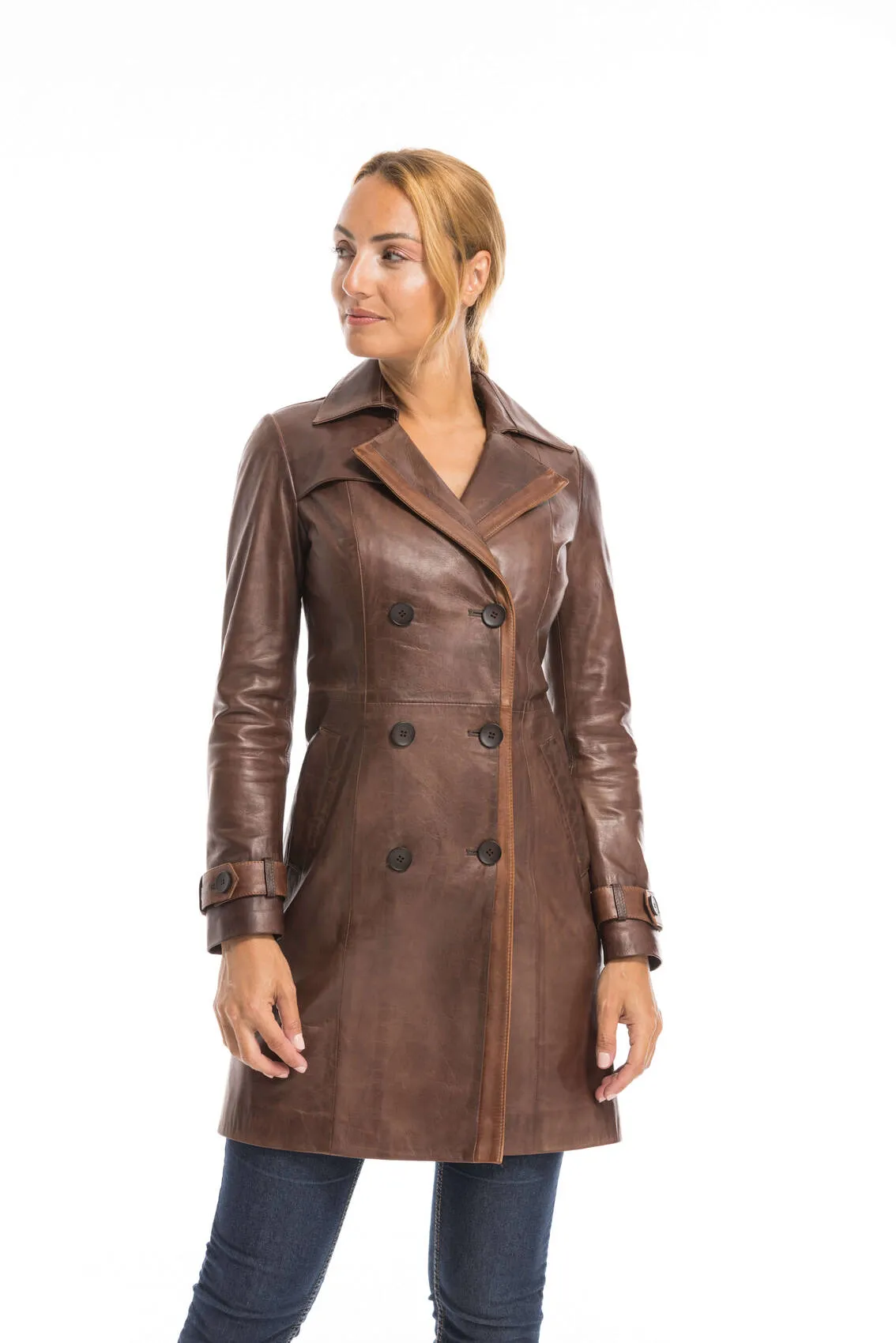 Trois quart cuir femme marron style trench