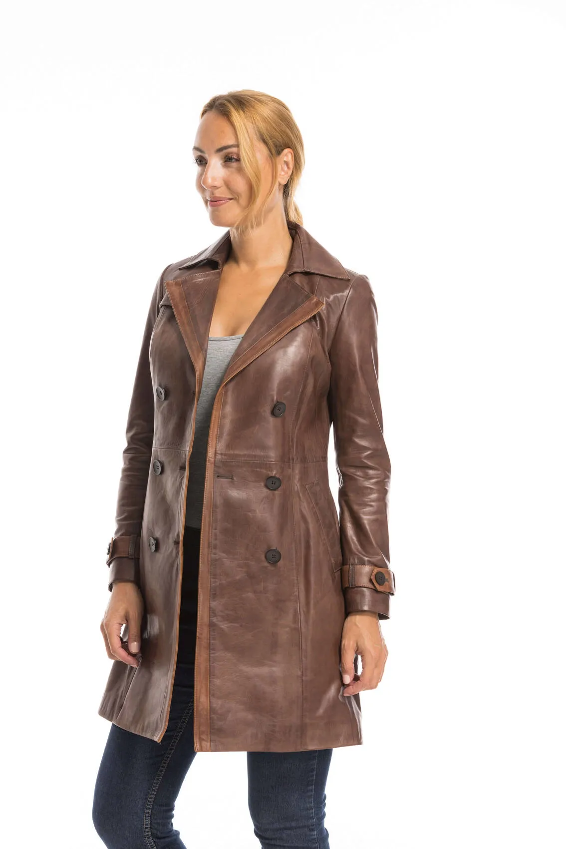 Trois quart cuir femme marron style trench