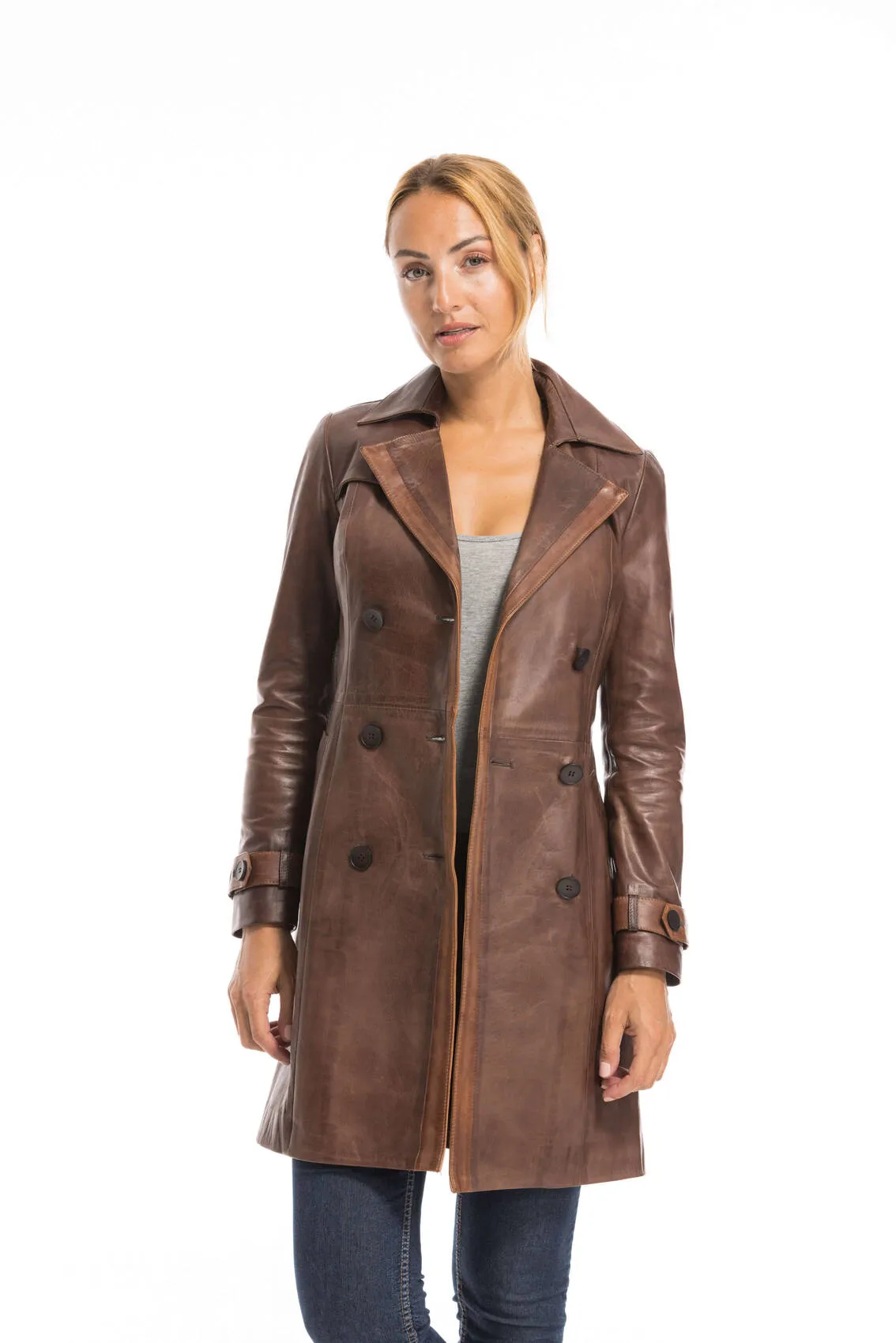 Trois quart cuir femme marron style trench