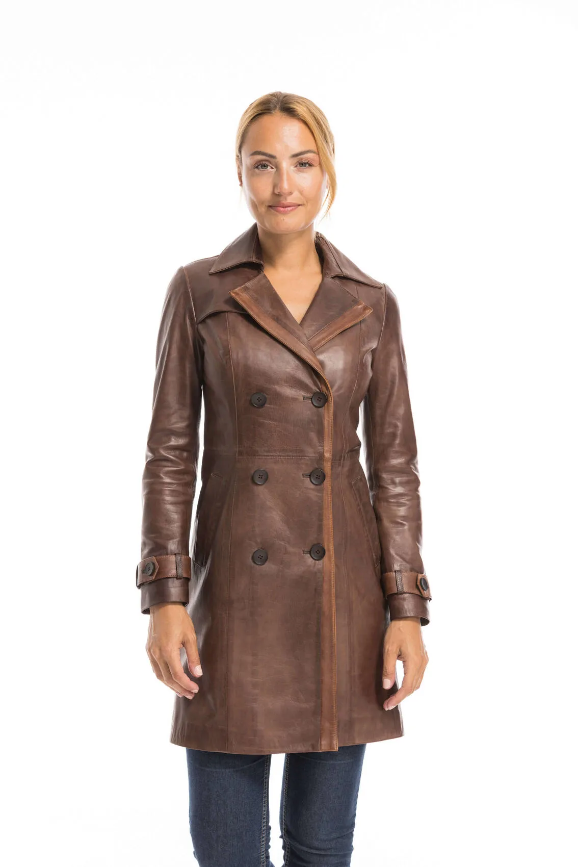 Trois quart cuir femme marron style trench