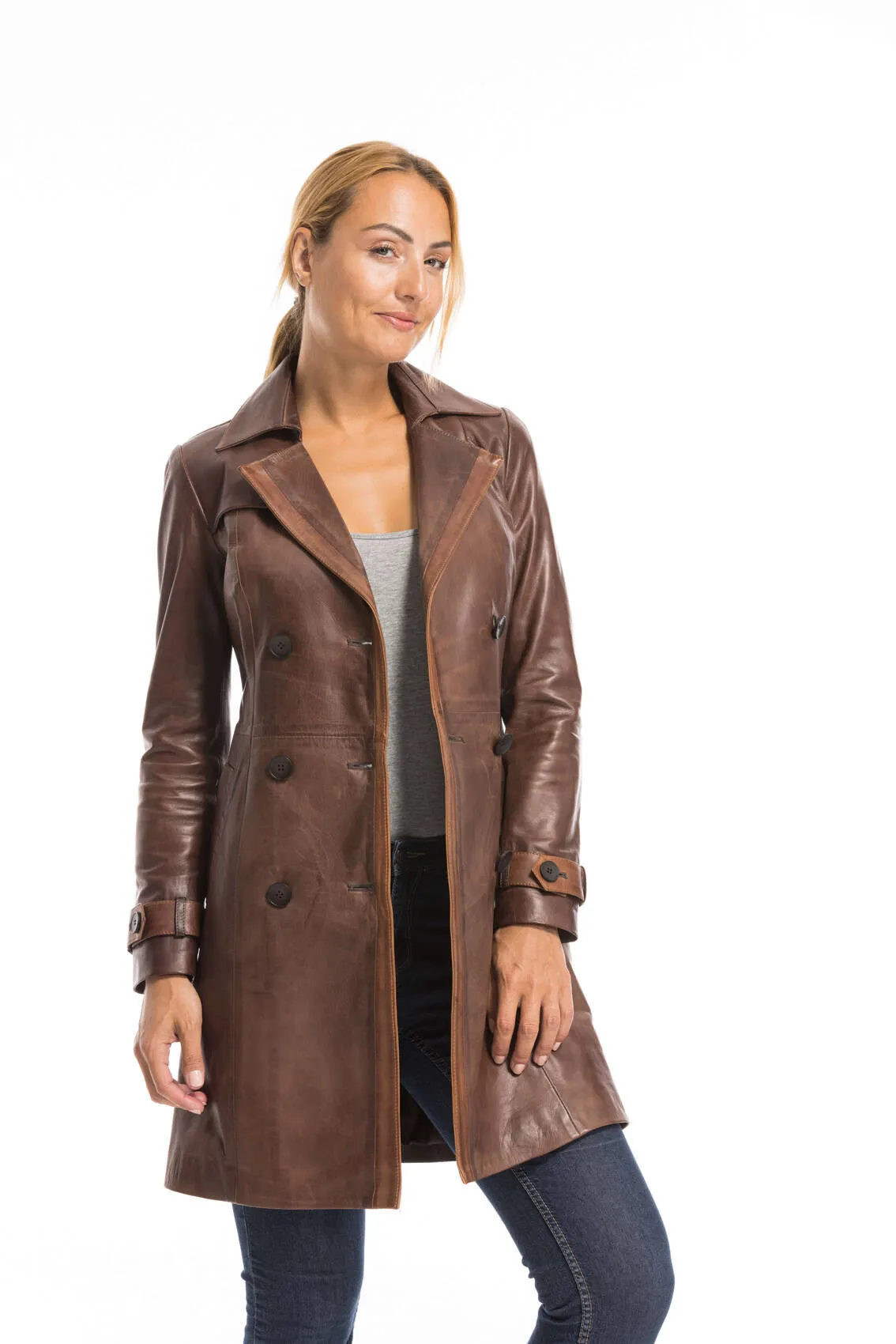 Trois quart cuir femme marron style trench